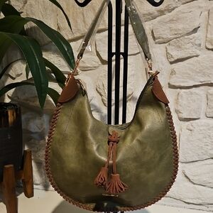 NWT Gorgeous Olive Green Hobo Bag with Brown Whipstitch & Tassels inc Crossbody